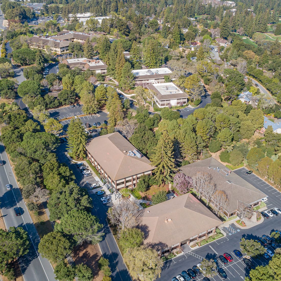 Aerial view of winding hill road