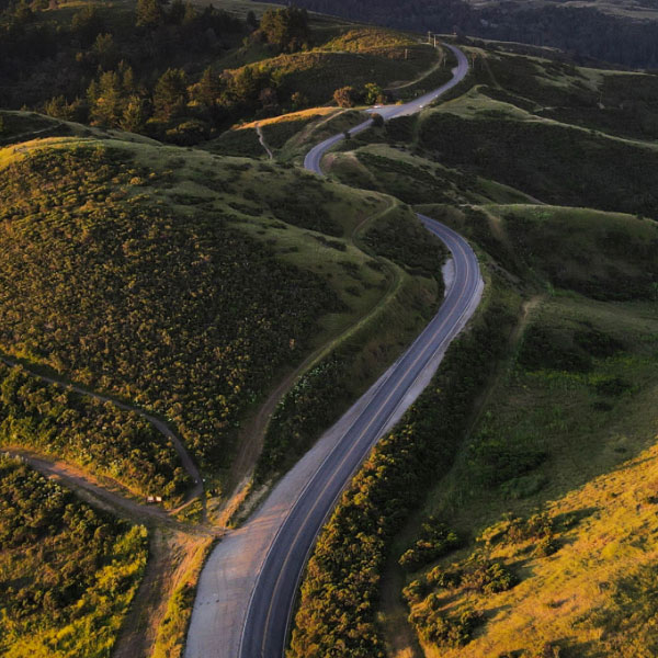 Aerial view of winding hill road